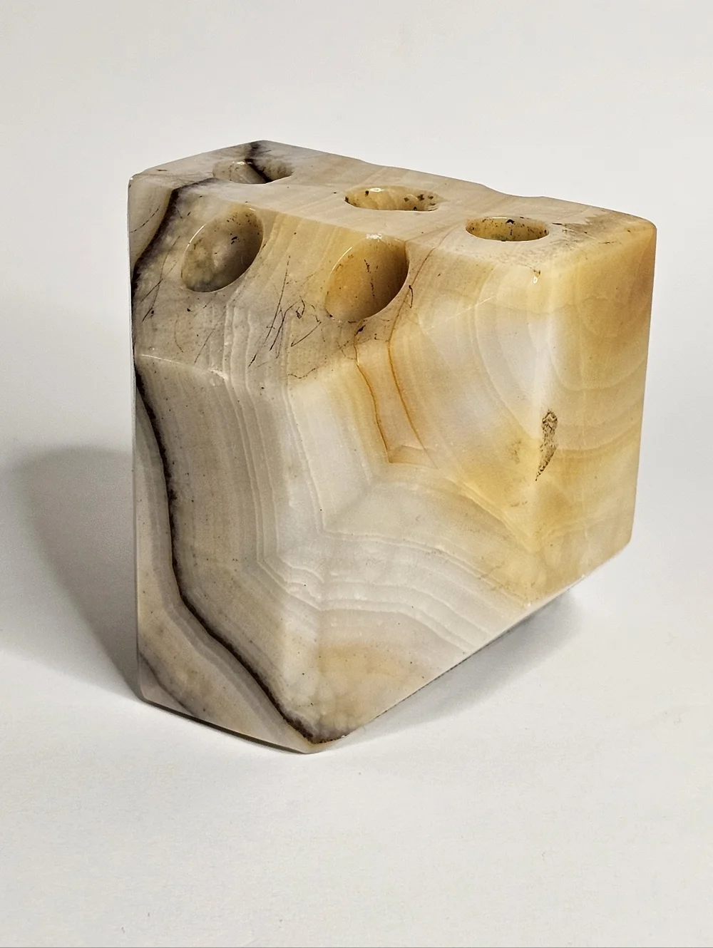 Vtg Hand Carved Banded Onyx Stone Desktop Pen Pencil Holder MCM Art Paperweight